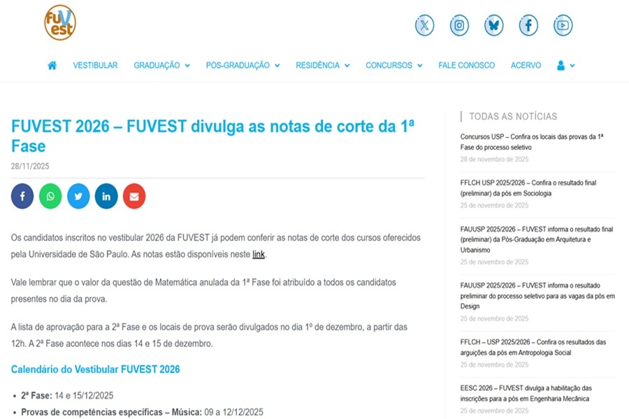 Fuvest antecipa divulgação das notas de corte da 1ª fase do vestibular