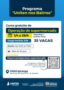 Inscrições abertas para curso gratuito de operação de supermercados no Cras Ipiranga