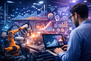 Profissional analisa dados em ambiente de indústria 4.0 com gráficos digitais e automação industrial