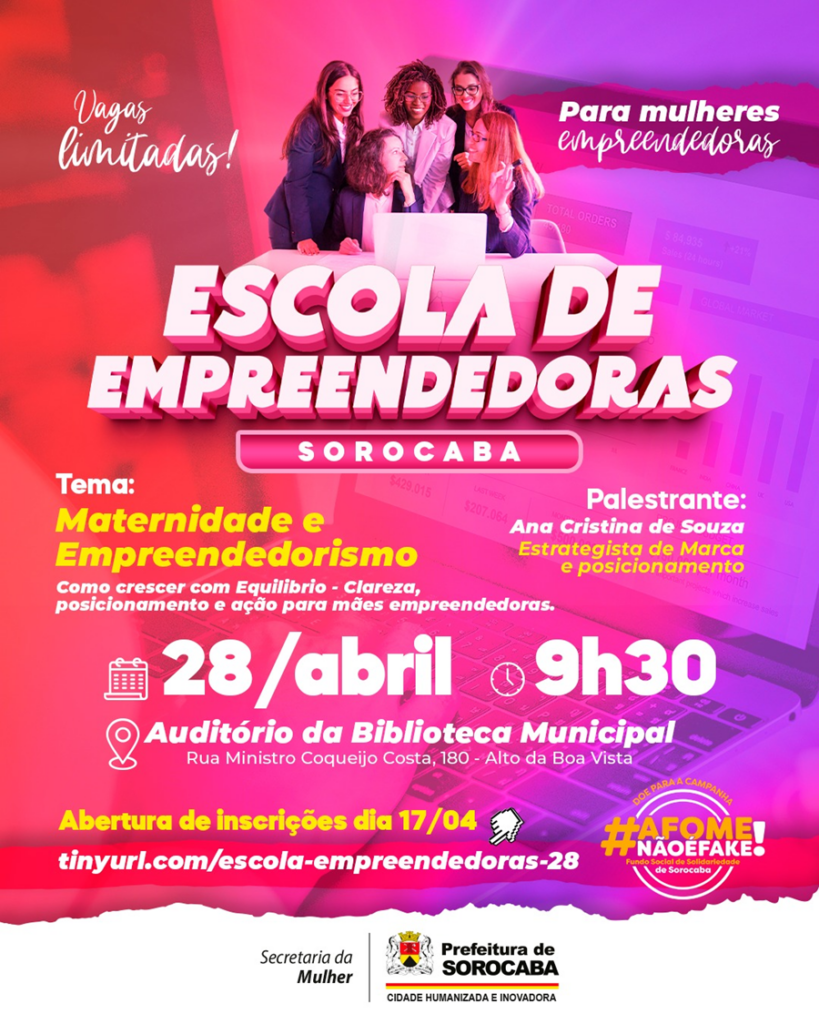 Secretaria da Mulher abre inscrições para o 3º evento do ano da Escola de Empreendedoras com o tema “Maternidade e Empreendedorismo”
