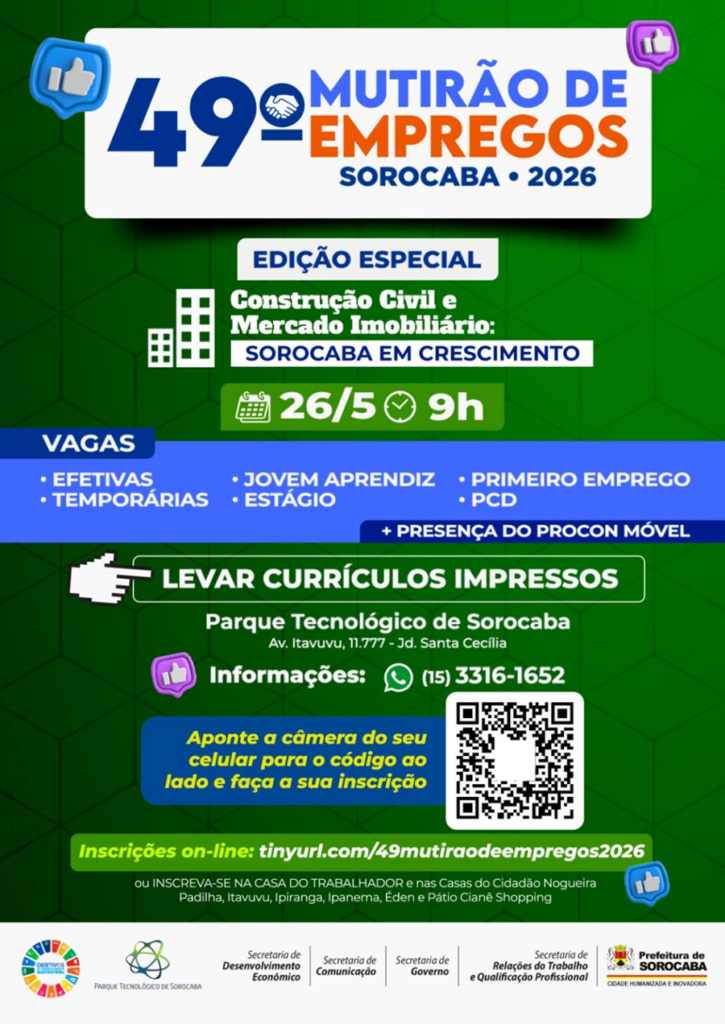 Mutirão de Empregos de Sorocaba terá foco na Construção Civil e Mercado Imobiliário no dia 26 de maio