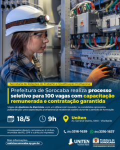 Prefeitura de Sorocaba abre 100 vagas para Ajudante de Eletricista com curso remunerado e contratação garantida
