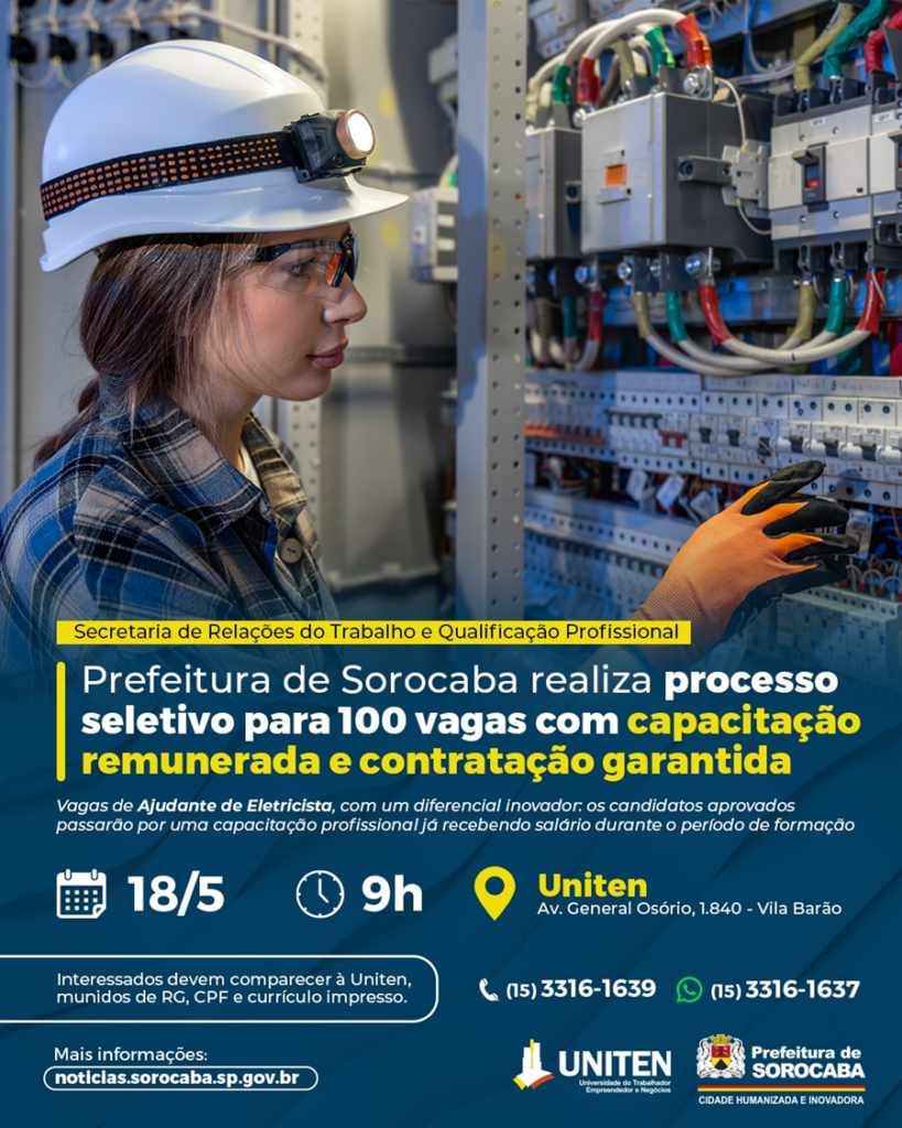 Prefeitura de Sorocaba abre 100 vagas para Ajudante de Eletricista com curso remunerado e contratação garantida