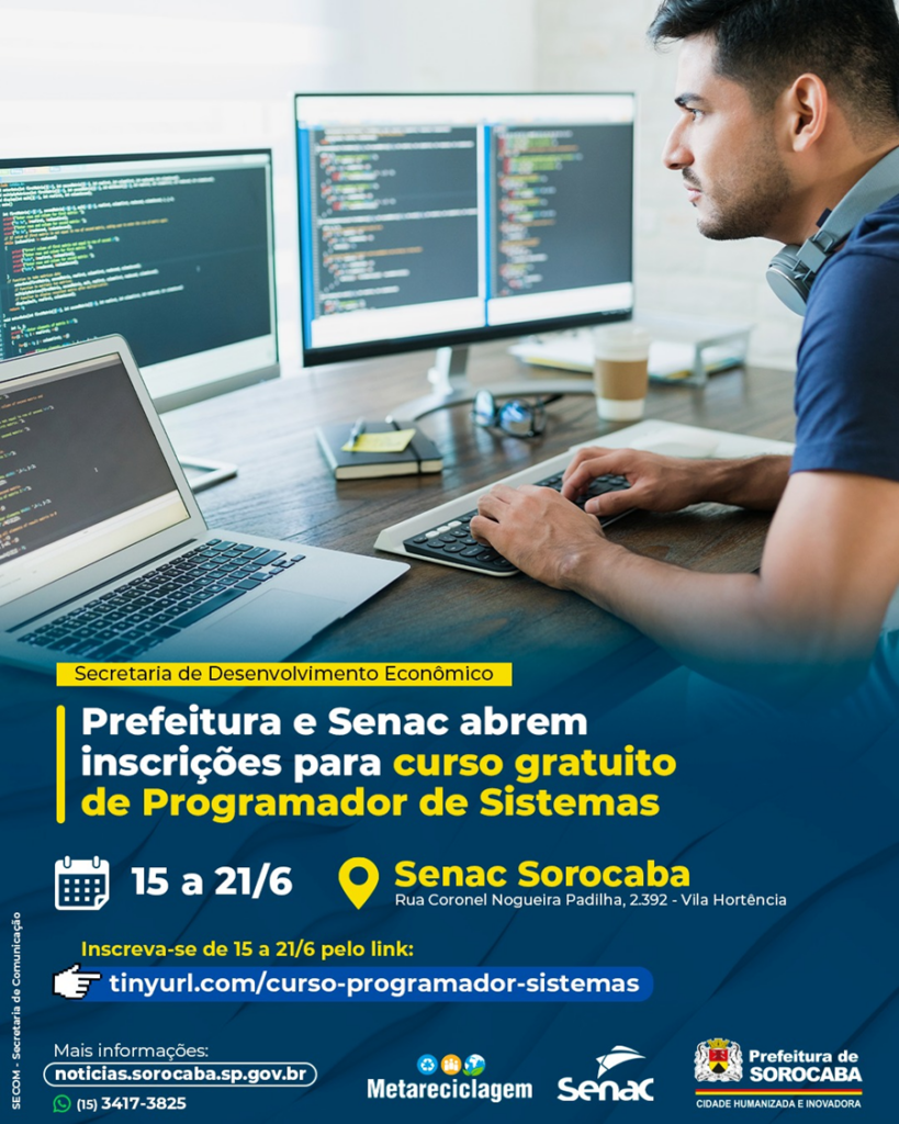Curso gratuito de Programador de Sistemas abre 25 vagas em Sorocaba