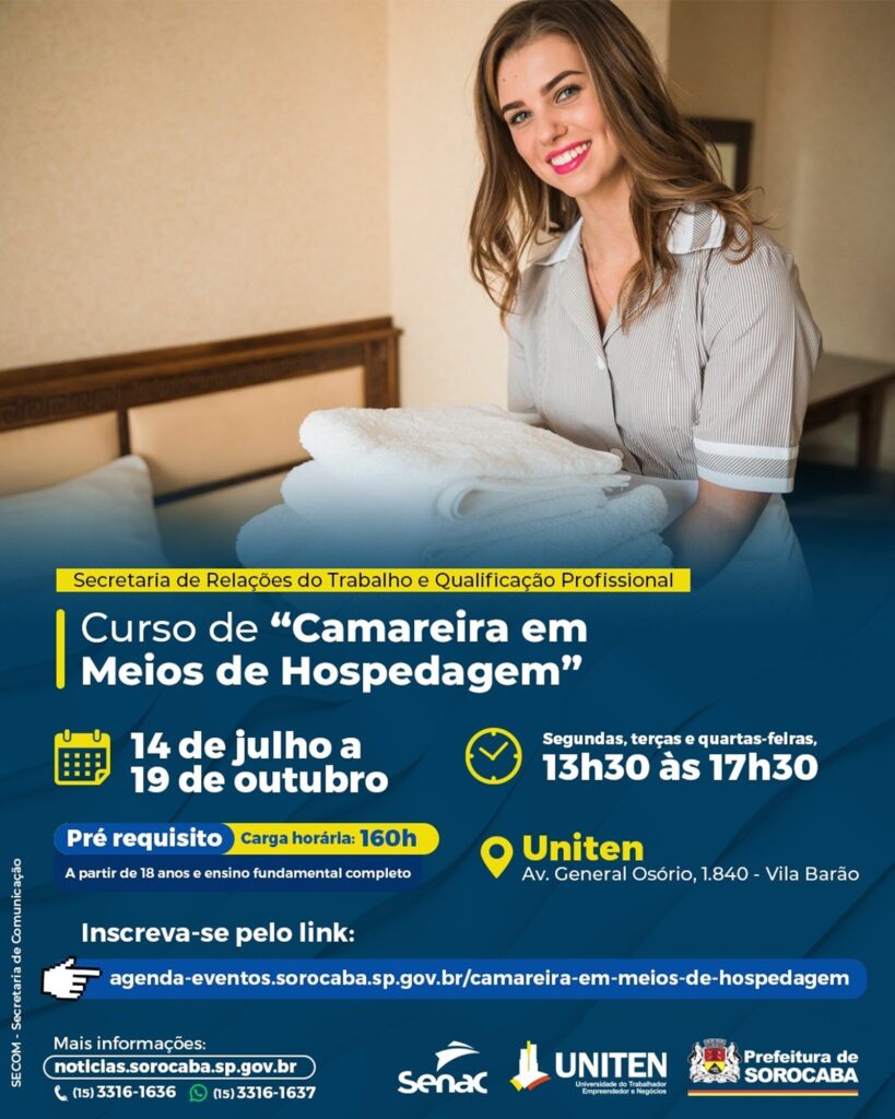 Curso gratuito de Camareira em Meios de Hospedagem abre 20 vagas em Sorocaba