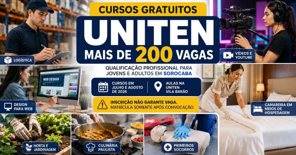 Apresentar as vagas em cursos gratuitos oferecidos em Sorocaba pela Uniten